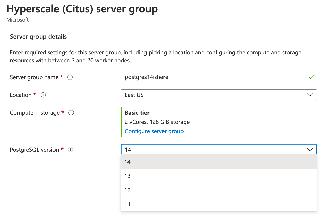 Azure Portal screenshot of Hyperscale Citus with Postgres 14